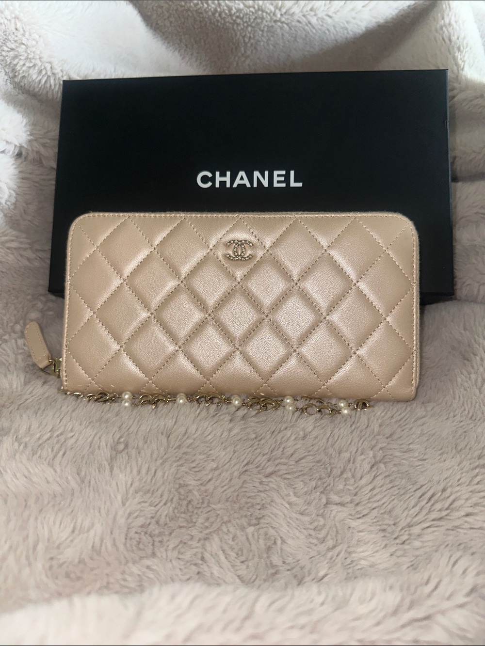 CHANEL Quilted Zip Wallet/Wristlet in Metallic Champagne with Gold Hardware